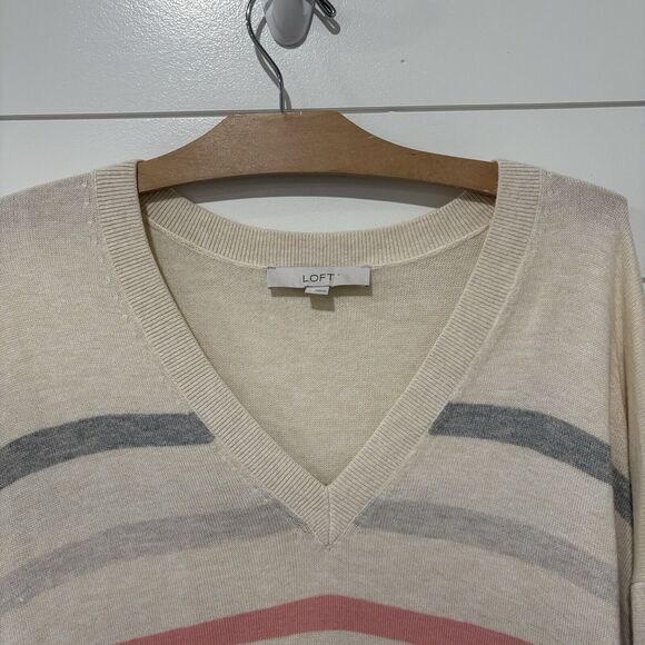 Ann Taylor LOFT | Sweater Pullover V Neck Striped Long Sleeve Pink- Size Large - Picture 2 of 9